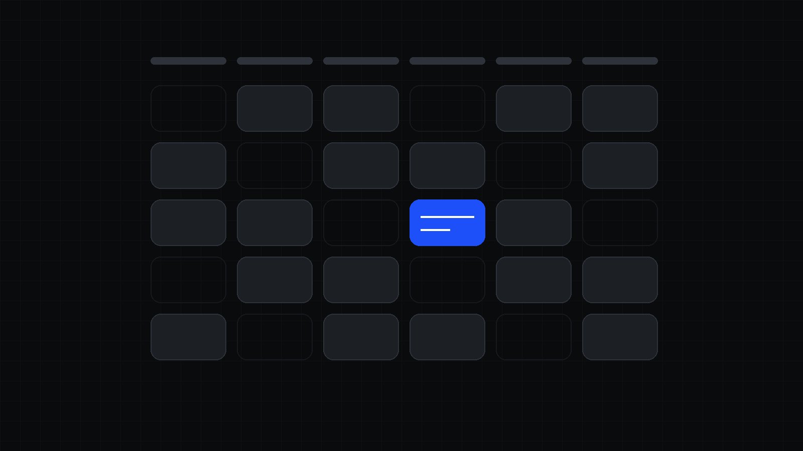 Agenda semanal de cuadros apagados sobre fondo casi negro con un solo cupo encendido en azul