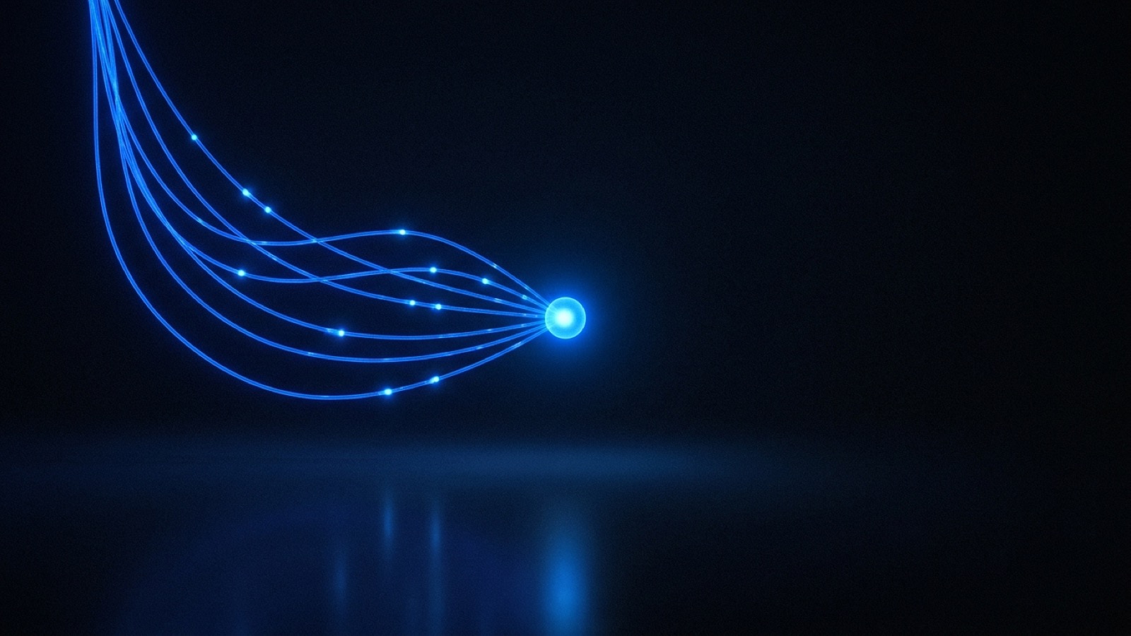 Puntos de luz convergiendo por caminos de neón azul hacia un nodo brillante sobre fondo negro