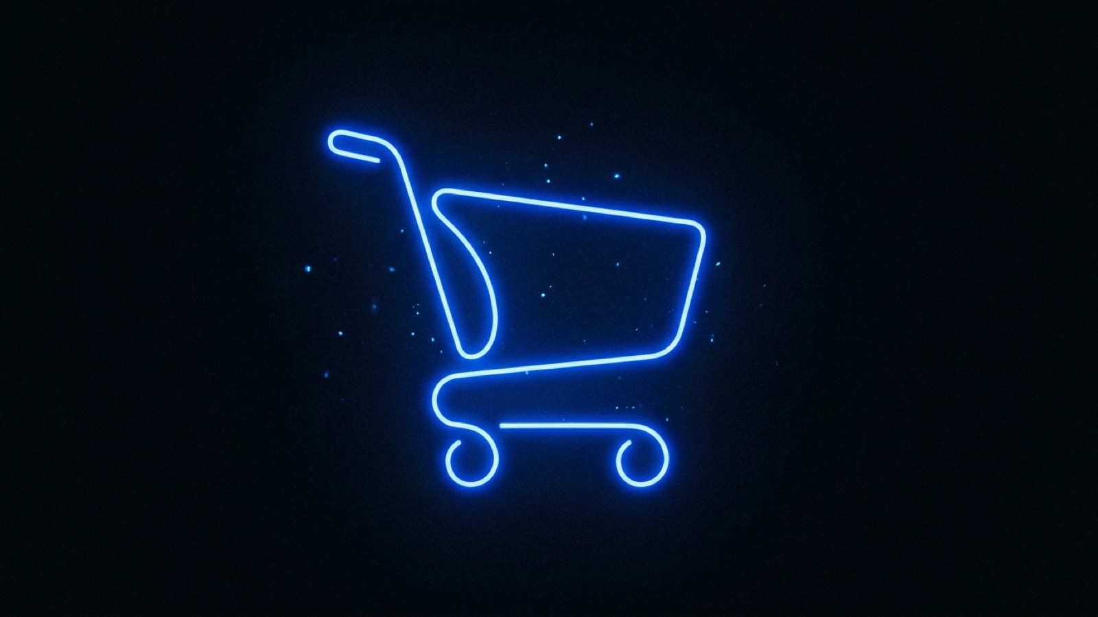 Carrito de compra dibujado con una línea de luz azul neón sobre fondo negro