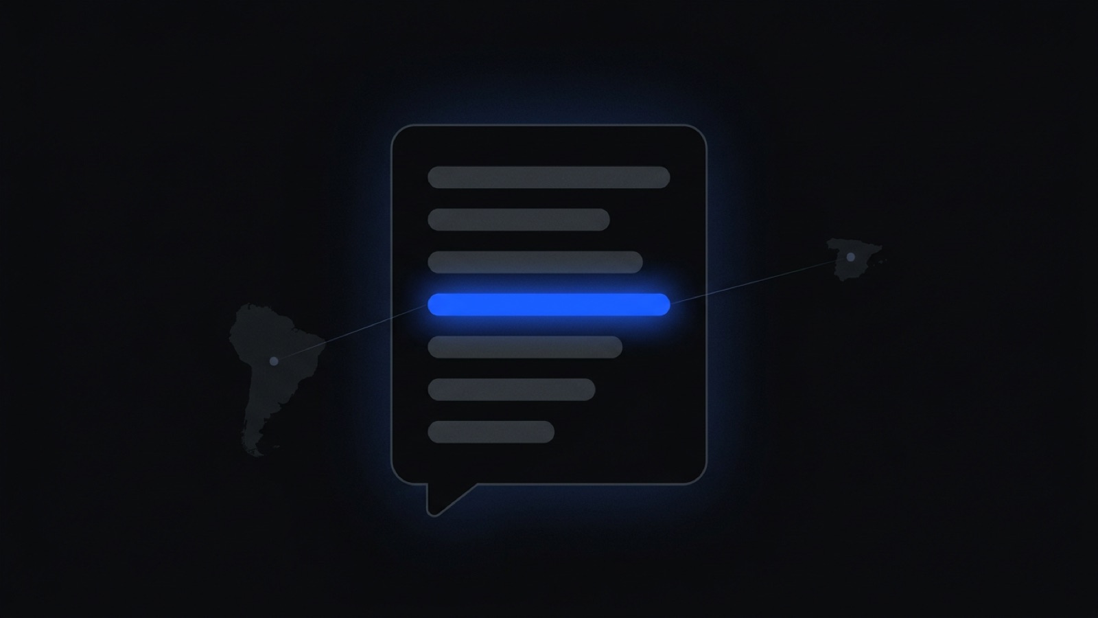 Burbuja de respuesta de IA con una línea iluminada en azul conectada a las siluetas de Sudamérica y España sobre fondo negro