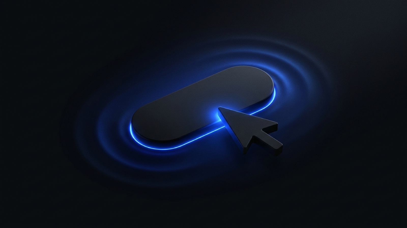 Cursor presionando un botón oscuro con borde de luz azul neón sobre fondo negro